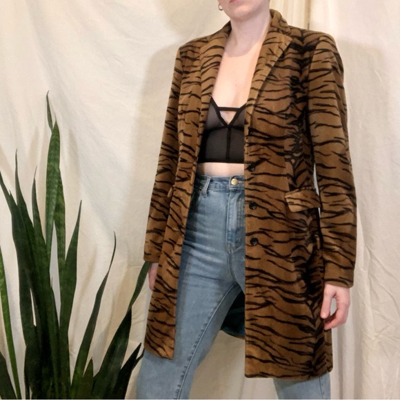 Vintage Y2K Stone Ridge Faux Fur Velvet Tiger Print Button Front Long Coat - Picture 2 of 16